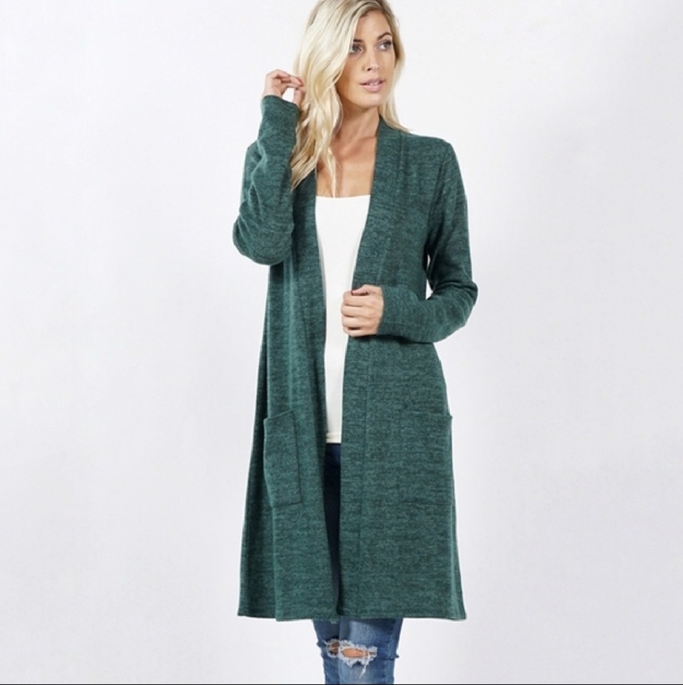 Brushed Melange Open Front Pocket Cardigan - Picture 4 of 5